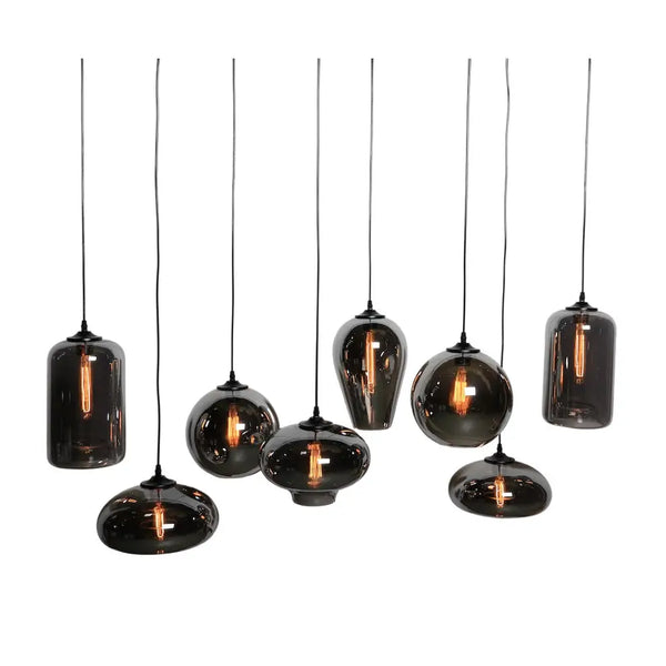 hanglamp boven eettafel met 8 smoke bollen ovaal plaat 