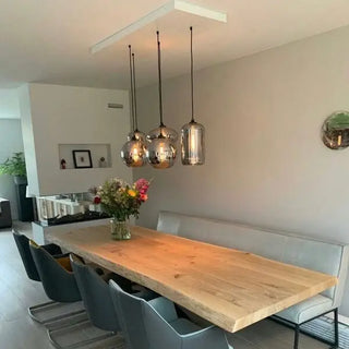 Stijlvolle eettafel hanglamp met 6 bollen van rookglas 