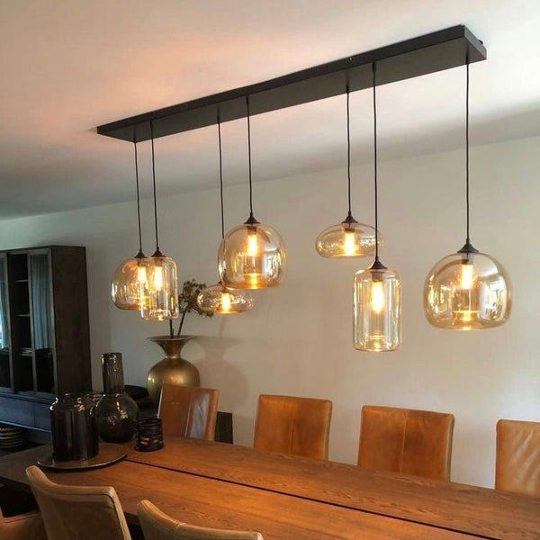 Eettafel hanglamp 7 mix bollen Amber glas