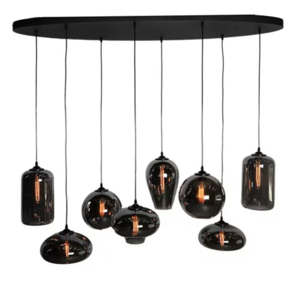 ovalen hanglamp eettafel 8 bollen smoke glas